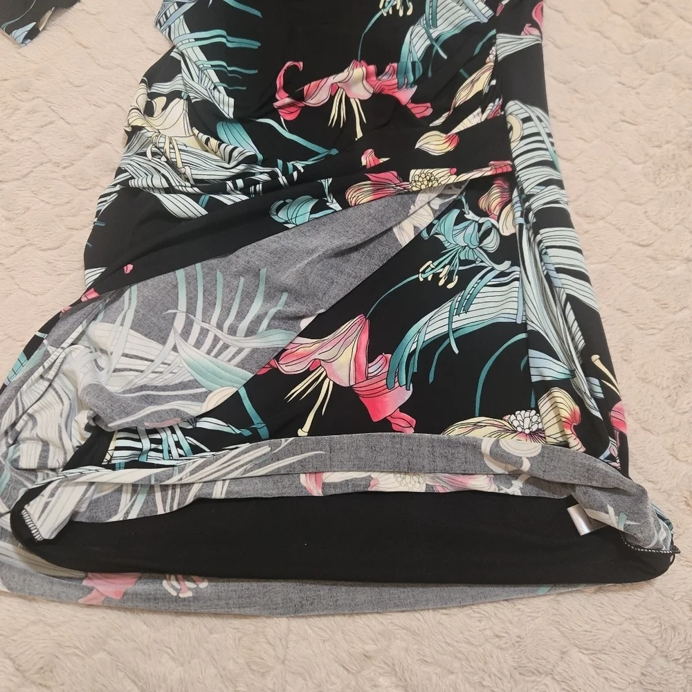 Jennifer Lopez Black Floral Faux-Wrap Fitted Dress, Size Large
